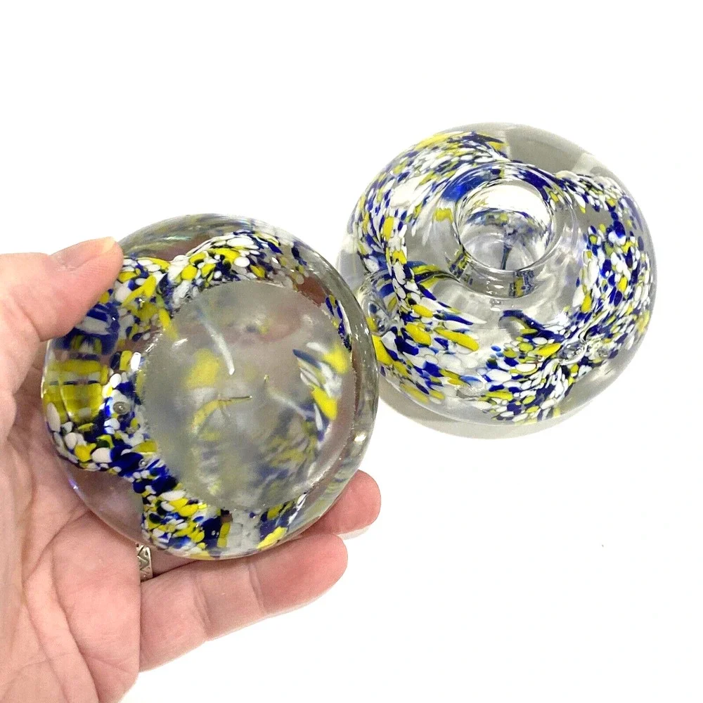 Vintage art glass candle holders pair (2) royal blue yellow white flower bubble